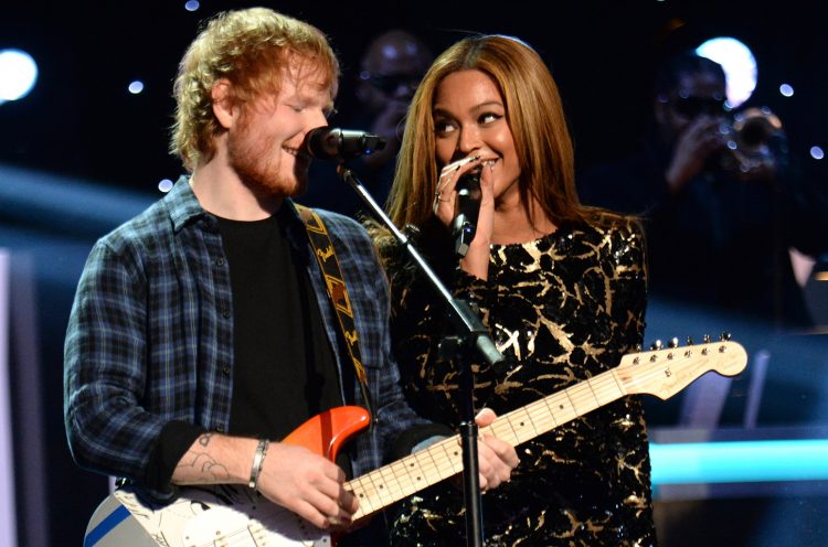 LOS ANGELES, CA - FEBRUARY 10:  Ed Sheeran and Beyonce perform onstage during Stevie Wonder: Songs In The Key Of Life - An All-Star GRAMMY Salute at Nokia Theatre L.A. Live on February 10, 2015 in Los Angeles, California.  (Photo by Kevin Mazur/WireImage)