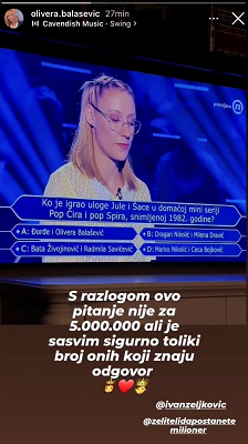 Olivera Balašević oduševljena pitanjem u kvizu ‘Ko želi biti milioner’. Znate li vi odgovor?