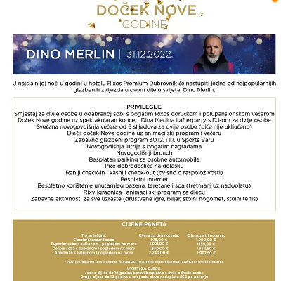 Dino Merlin za Novu godinu pjeva u prestižnom hotelu u Dubrovniku, aranžmani od 1.900 KM